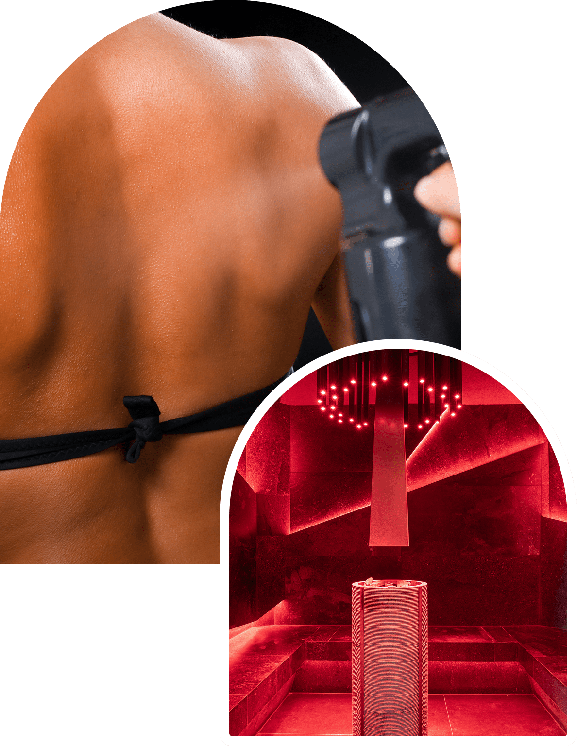 A person receives a massage with a handheld device in a partial view, above an image of a red-lit spa room with geometric walls and a central water feature.