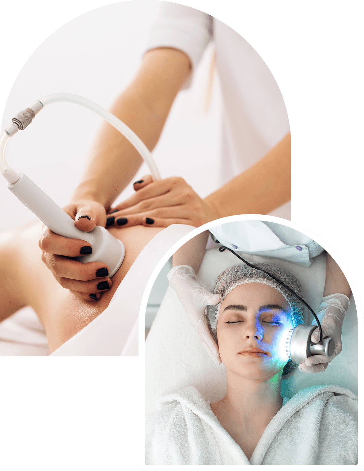 A person receives a body treatment with a handheld device. Another person lies on a bed as a glowing tool is applied to their face, with eyes closed and a hair cover.