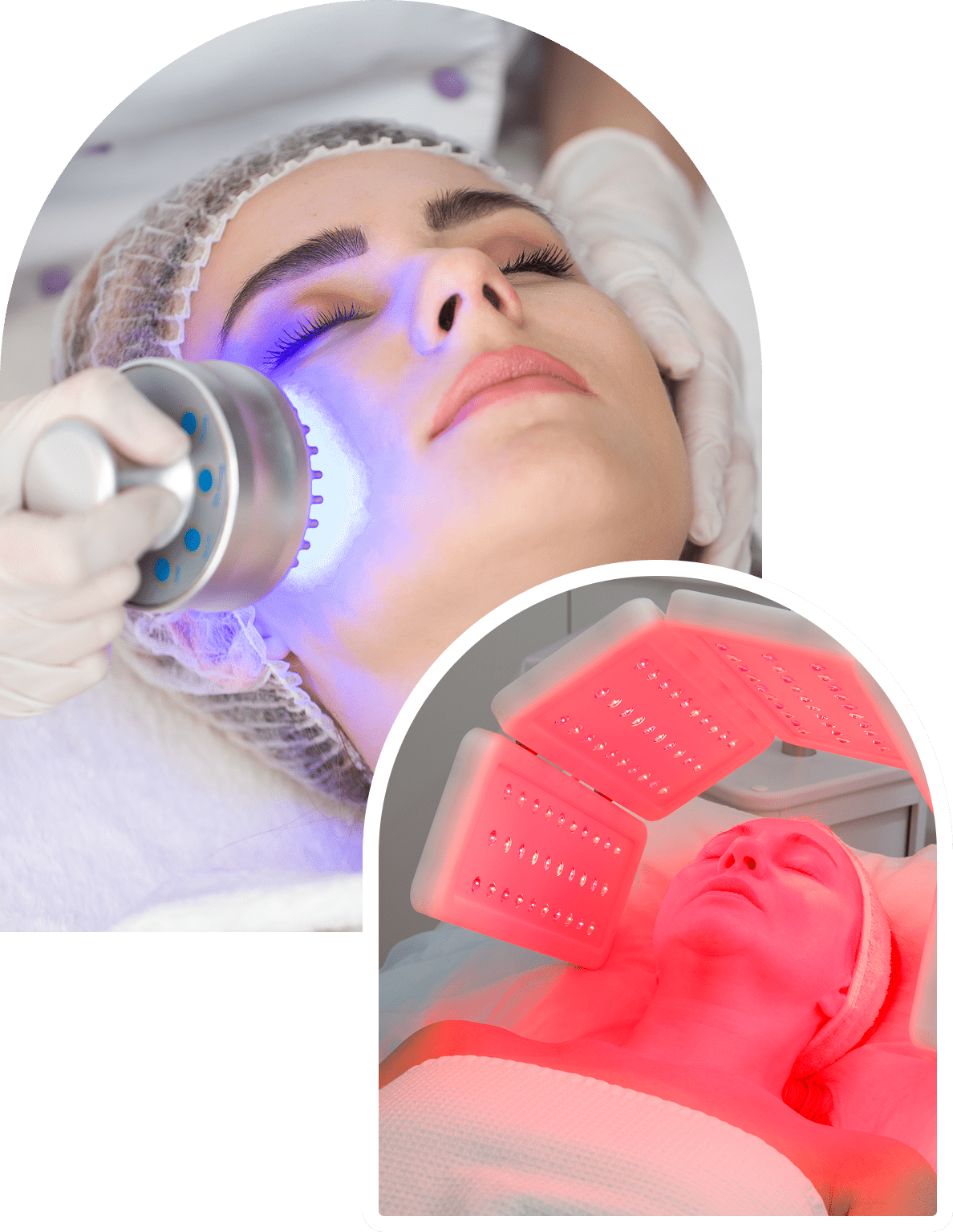 A person receives a facial treatment with a blue light device, while another image shows a person under red LED light therapy. Both wear head coverings and appear relaxed.