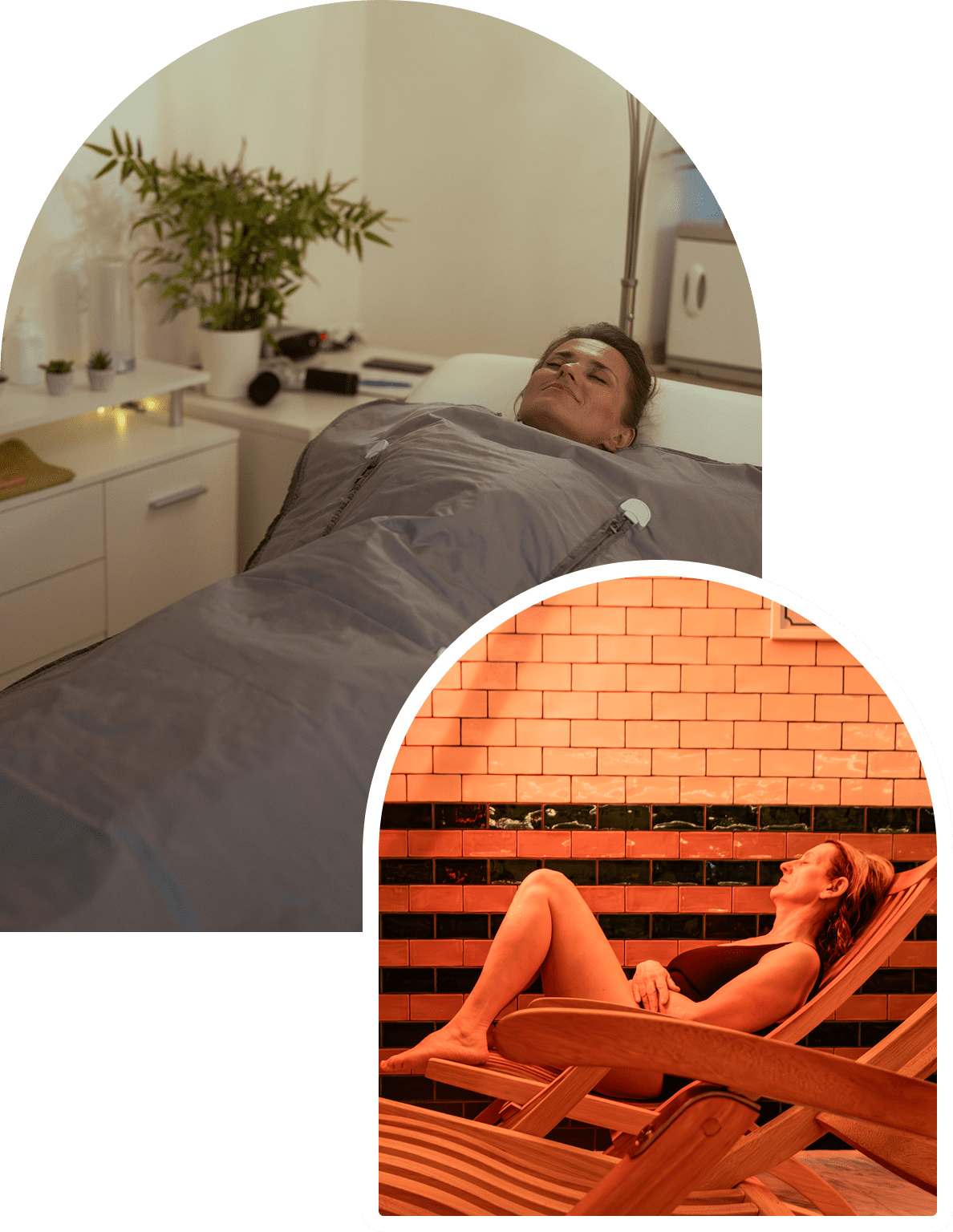 A person lies under a thermal blanket in a spa setting, and another person relaxes under an infrared light in a tiled room.