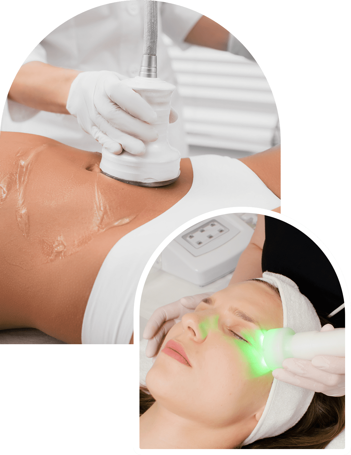 A person receiving cosmetic procedures: one using a device on their abdomen, the other applying light therapy to their face.