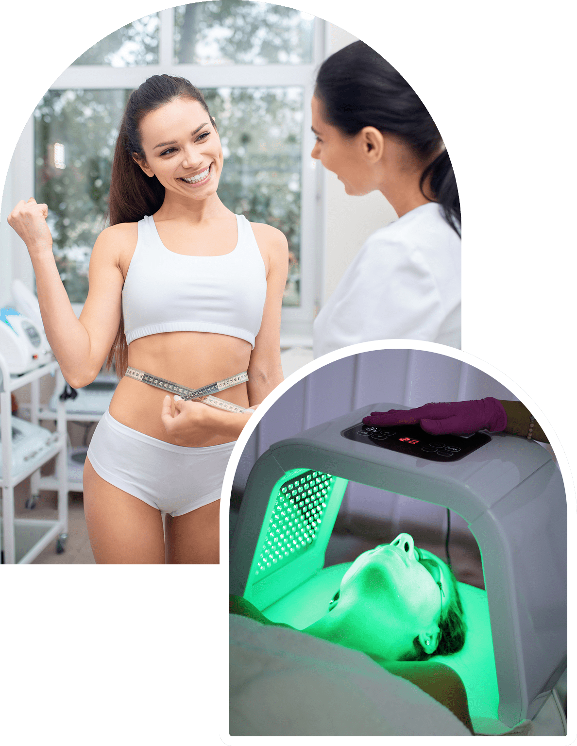 A woman in a fitness outfit smiles while measuring her waist with a tape. Nearby, another woman lies under a green light therapy machine wearing protective goggles.