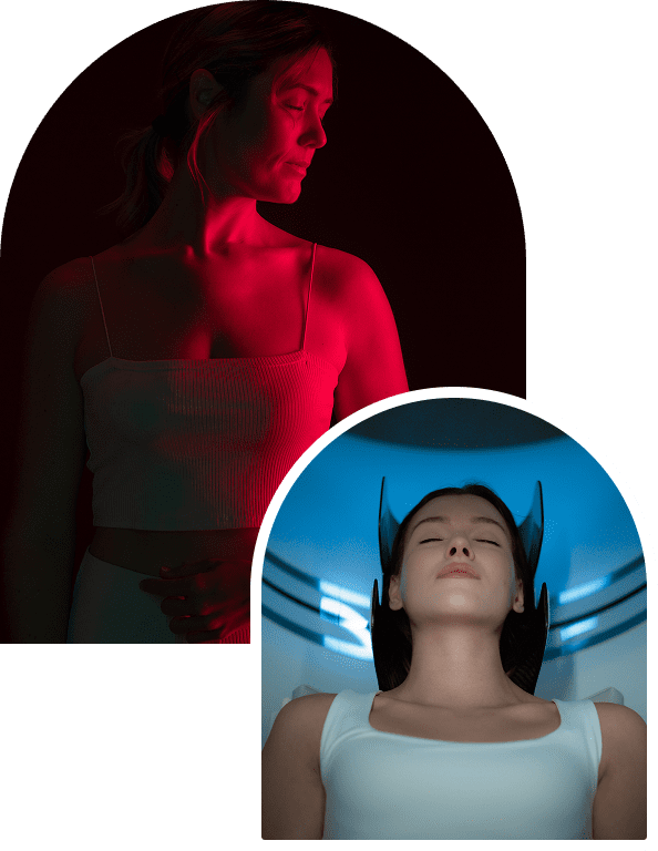A woman in red light stands with eyes closed, wearing a tank top. Below, another woman reclines in blue light with her eyes closed, wearing a similar top.