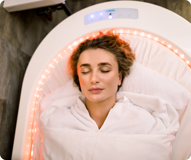 Person with closed eyes relaxing in a white, oval-shaped wellness pod with glowing lights.