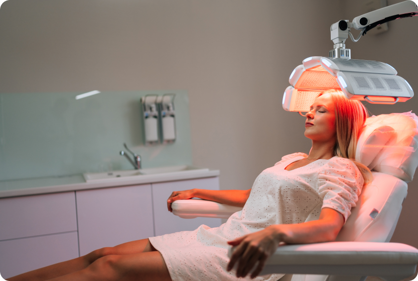 Person reclining in a clinic chair receiving red LED light therapy on the face, with a sink and dispensers in the background.