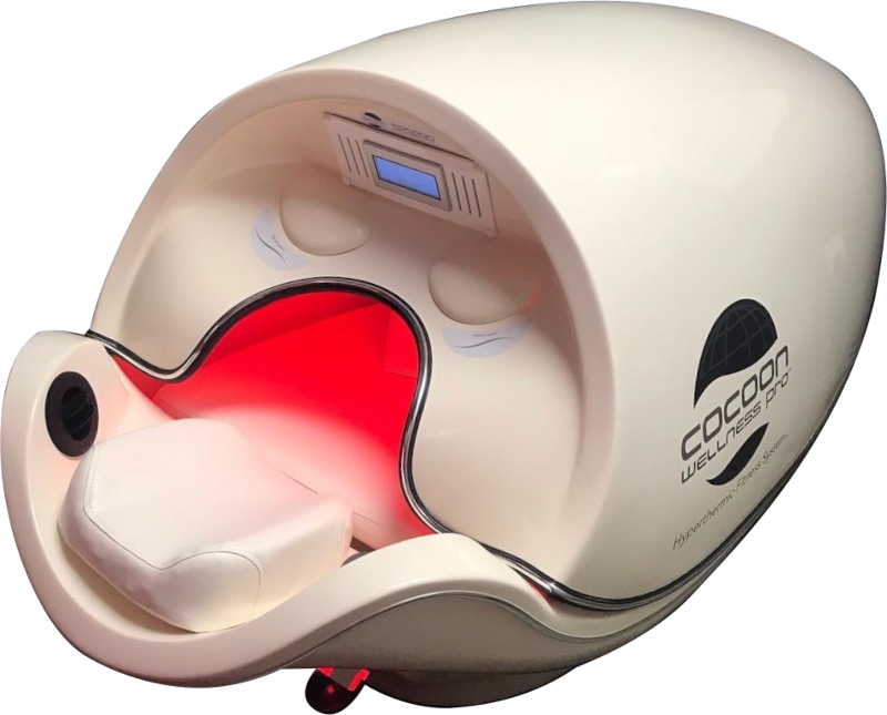 A futuristic, pod-shaped wellness device with an open door, featuring a red-lit interior and the text "Cocoon Wellness Pro" on its side.